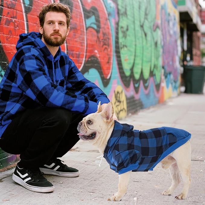 KOOLTAIL Plaid Dog Hoodie Pet Clothes Sweater with Hat and Pocket for Small Medium Large Size Dogs, Soft Winter Warm Dog Cold Weather Coat, Fleece Fall Dog Hooded Sweatshirt for Puppy Cats, Blue M