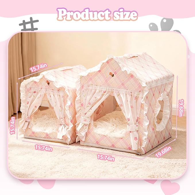 Cat Bed, House for Indoor Cats, Accommodate 11-33 lb Cute Tent Bed with Cover Cave, Breathable, Washable, Foldable Indoor Dog House with Frame, All Season (Pink, S)