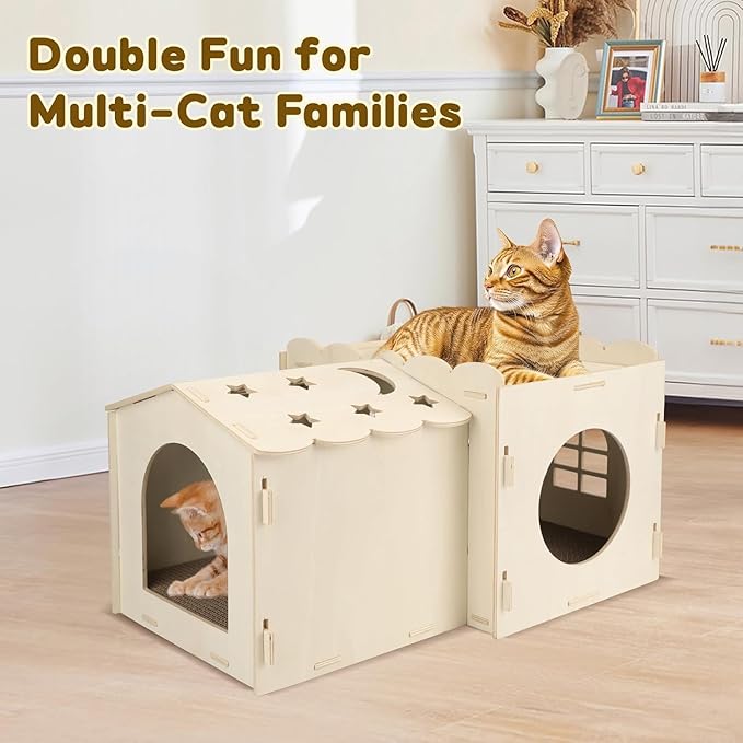 Wooden Cat Scratcher House,Cat House with Scratch Cardboard Pad,2 Tier Sturdy Kittens Bed House Indoor with Air Vents for Small to Large Sized Cats and Rabbits Use