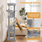 71.2" Tall Cat Tree for Indoor Cats Adult, 9-Levels Large Cat Tower with 5 Sisal Posts, 3 Hammocks, 2 Codons, Big Perch & 3 Pom Poms for Multi Cats Household– Plush Gray