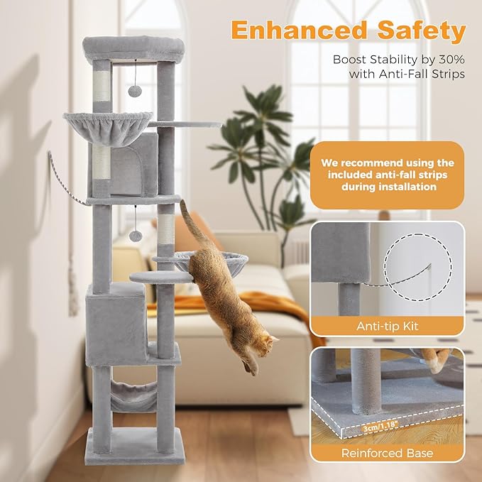 71.2" Tall Cat Tree for Indoor Cats Adult, 9-Levels Large Cat Tower with 5 Sisal Posts, 3 Hammocks, 2 Codons, Big Perch & 3 Pom Poms for Multi Cats Household– Plush Gray