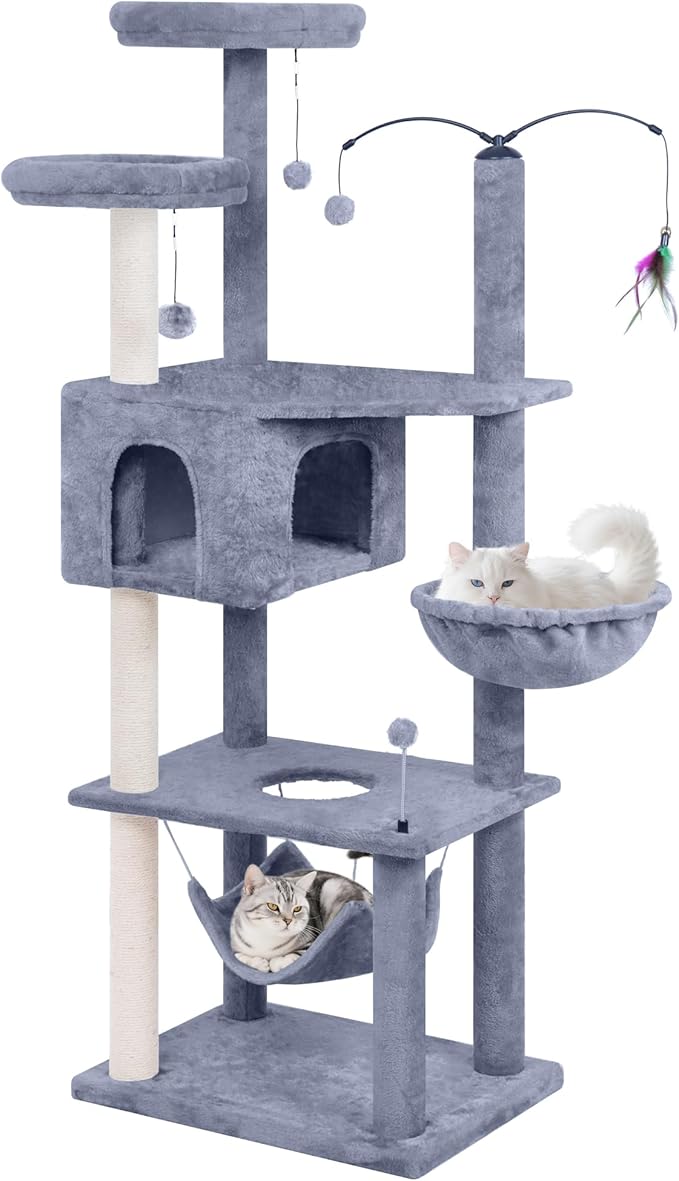 Big Cat Tree, Cat Tower with Multi-Level Condo, Hammocks, Rotating Toy (Grey, 70'')
