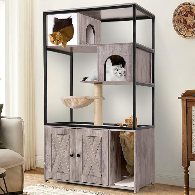 GUTINNEEN Cat Litter Box Enclosure Cat Tree with Hidden Litter Box Furniture with Scratching Post, Hammock, and Mat 57.5 Inch (Nature)