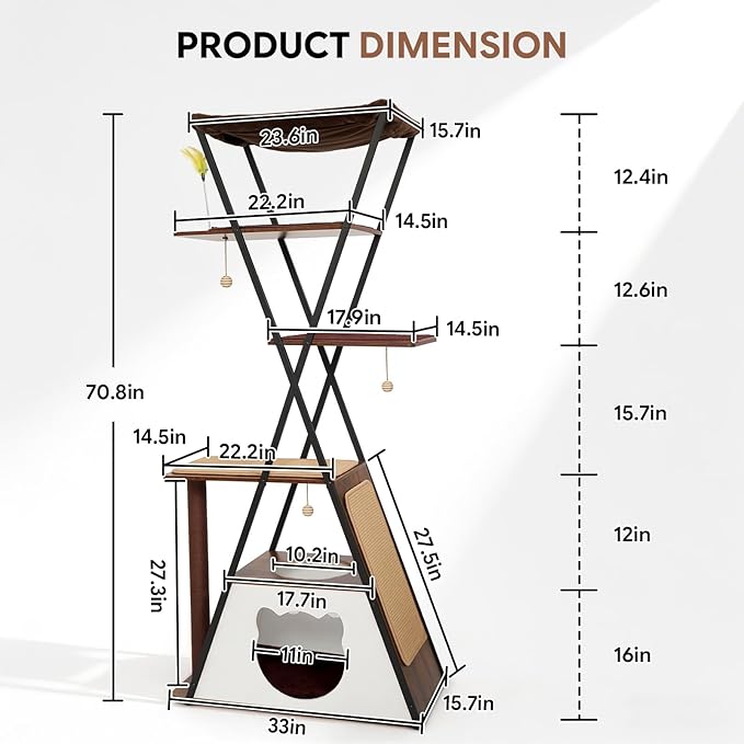 71" Modern Wood Cat Tree for Large Cats—Heavy Duty Tall Cat Tower for Indoor Cats, Multi-Level Cat Furniture with Condo, Large Perch, Scratching Posts & Hammock (Burnt Wood with White Cave)
