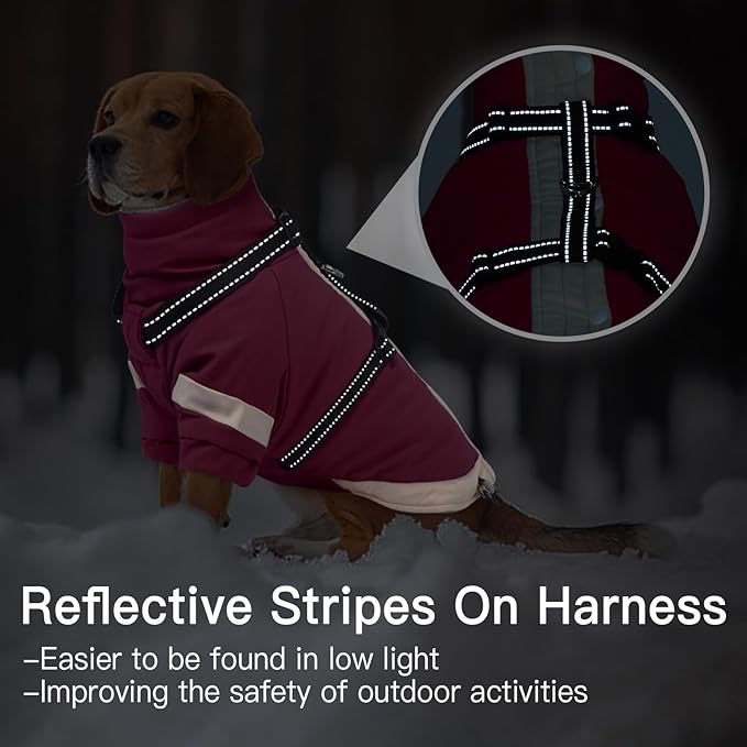 XXX-Large Dog Coat with Reflective Harness 2 in 1 for Dog Walking | Winter Turtleneck Windproof Coat for Large Dogs,Snowsuit with Sleeves Protect Joints,Cold-Weather Clothing(Rosered)