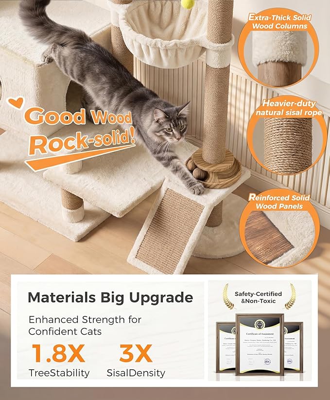 Catlike Rock-Solid 76" Tall Cat Tree Tower for Indoor Cats Large Adult, Heavy Duty Multi-Level Large Cat Tree with Sisal Scratching Posts, Perches, Cat Condos, Hammock Baskets, Cat Tower Natural Beige