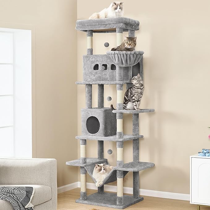 Cat Tree,82.6" Large Cat Tower for Indoor Cats, Multi-Level Cat House with Condo, 8 Scratching Posts, Hammock, 4 Pom Poms, Light Grey MS21018LG
