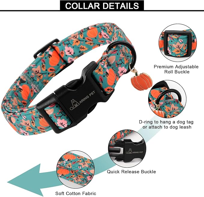 ARING PET Fall Dog Collars, Cute Autumn Pumpkin Maple Leaves Pet Collar with Quick Release Buckle for Small Medium Large Girl Boy Dogs-XS Deep Color