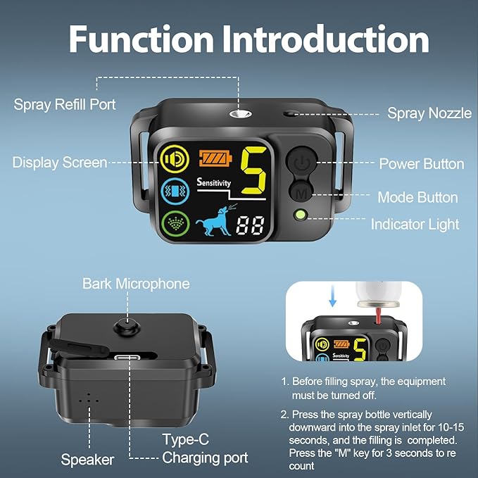 Citronella Bark Dog Collar Spray Dog Collar, with 5 Adjustable Sensitivity, Beep+Vibration+Spray 5 Working Modes Citronella Bark Collar, IP66 Waterproof Dog Spray Collar for L/M/S Black