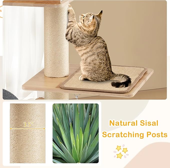 PETSITE 56 Inch Wood Cat Tree, Multi-Level Cat Tower with Sisal Scratching Posts, Dual Cat Condos, Removable Sisal Mats, and Hanging Balls with Bell, Modern Cat Tree Tower for Indoor Cats, Kittens