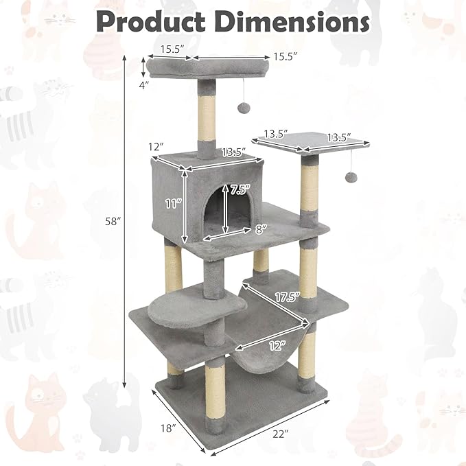 Tangkula 58 Inch Cat Tree Tower, Multi-Level Cat Tower with Sisal Scratching Posts, Padded Top Perch, Condo & Hammock, 3 Hanging Balls, Jumping Platforms for Indoor Cats (Light Gray)