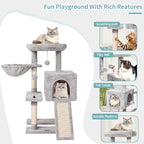 MIAO PAW Grey Cute Cat Tree Tower for Indoor Cats Condo with Sisal Scratching Posts Jump Platform Furniture Activity Center Play House Bed