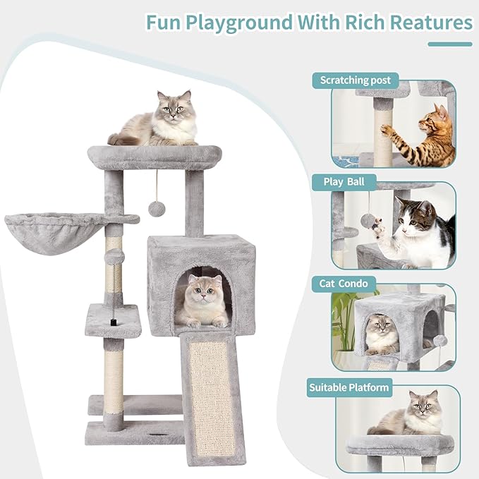 MIAO PAW Grey Cute Cat Tree Tower for Indoor Cats Condo with Sisal Scratching Posts Jump Platform Furniture Activity Center Play House Bed