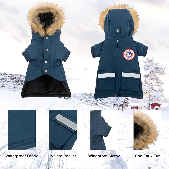 PINA Small Dog Coats - Waterproof, Warm Winter Jacket with Faux Fur Hood & Pocket