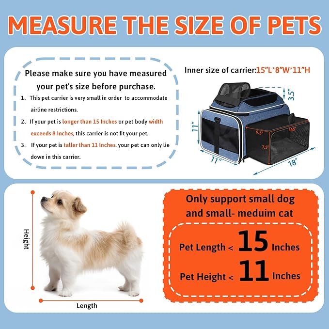 Petskd Top and Side Expandable Pet Carrier with Wheels 18x11x11 Inches Delta United Airline Approved, Soft-Sided Carrier for Small Cats and Dogs with Locking Safety Zippers and Anti-Scratch Mesh(Blue)