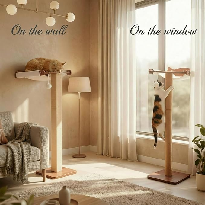 Sintuff Cat Window Perch with Scratching Post Climbing Tree Hammock Mounted with Suction Cups 46 Inch Tall Adjustable Narrow Cat Tree Climbing Pole for Playing Sleeping Watching Birds (Round)
