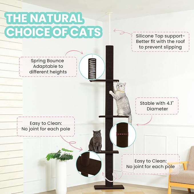 Max & Marlow Cat Tree Floor to Ceiling Cat Tower Height 95-108" Adjustable Kitten Tree Tall Climbing Tree with Carpet Scratching Post and Mat Cat Pole for Indoor Cats,Dark Brown