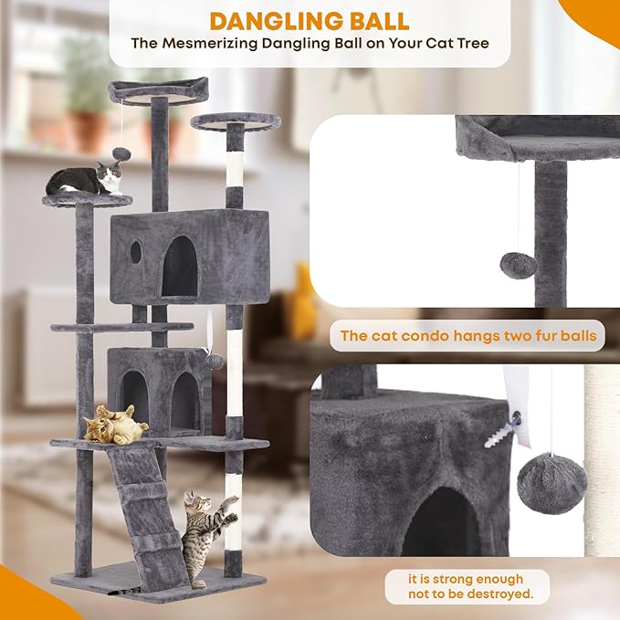 70in Cat Tree for Indoor Cats, Cat Tower with Cat Scratching Post, Multi-Level Cat Furniture, Cat Tower with Funny Toys for Kittens-Light Gray