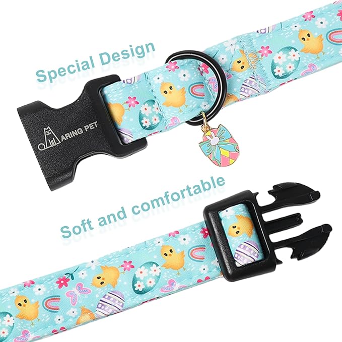 ARING PET Easter Dog Collar, Cute Mint Green Chick Egg Floral Pet Collars with Quick Release Buckle for Puppy Small Medium Large Boy Girl Dogs-L