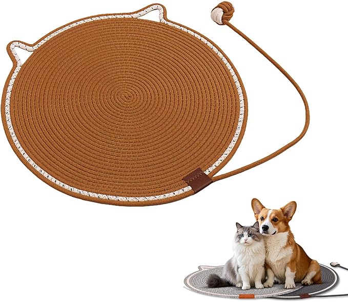 Handmade Woven Cat Scratcher Mat, 16.9"/19.7" Natural Cotton Rope Cat Scratching Pad for Indoor Cats, Non-Slip Flat Scratch Pad, Soft Durable Cat Lounging Mat with Ball Toy (Khaki,19.7 in)
