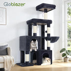 Globlazer Cat Tree Condo Tower for Multiple Indoor Cats, 52in Multi-Level Cat Scratching Tree with 2 Cat Condos, 5 Sisal Scratching Posts, 2 Padded Perches, Big Basket, Widened Base, S52, Dark Grey