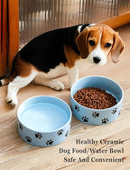 6.5 Inch Blue Ceramic Dog Bowl with Paw Print Pattern - Porcelain Wide Mouth Dog Food or Water Bowls, Large Feeding Pet Bowls for Indoor Medium Sized Dogs, for Wet or Dry Food