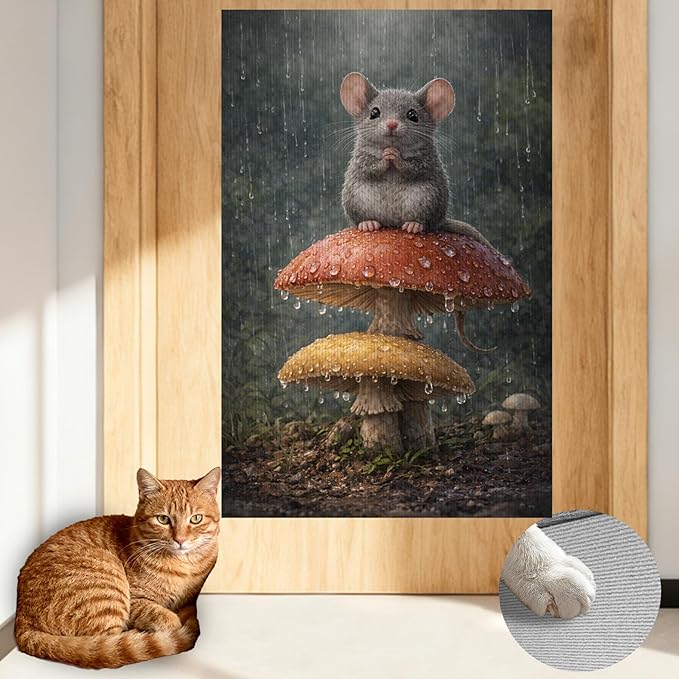 Nuxovilar Cat Scratching Mat 15.3x23.6 Inches Polyester Synthetic Fiber, Mouse on Mushrooms in Rain Print, wall cat Scratcher, Scratch pad, Home Decor, Patio, Sunroom (2pcs)