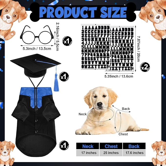 5 Pcs Dog Graduation Costume Set Include 2026 Pet Graduation Gown with Stole Puppy Grad Cap Lensless Glasses DIY Letter Stickers for Dogs Cats Holiday Costume Accessory(Black Royal Blue,L)