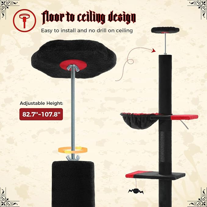 PETEPELA Floor to Ceiling Cat Tree, Gothic Cat Tower 5 Tiers Tall (83-108 Inches) Adjustable Height, Cats Climbing Tree Featuring with Condo, Scratching Post