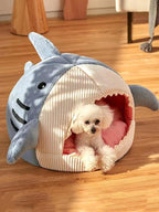 QWINEE Cat Mat Shark-Shaped Kennel Kitten Bed Hideout House Warm Soft Comfortable Semi-Closed Cat Dog Nest Blue L