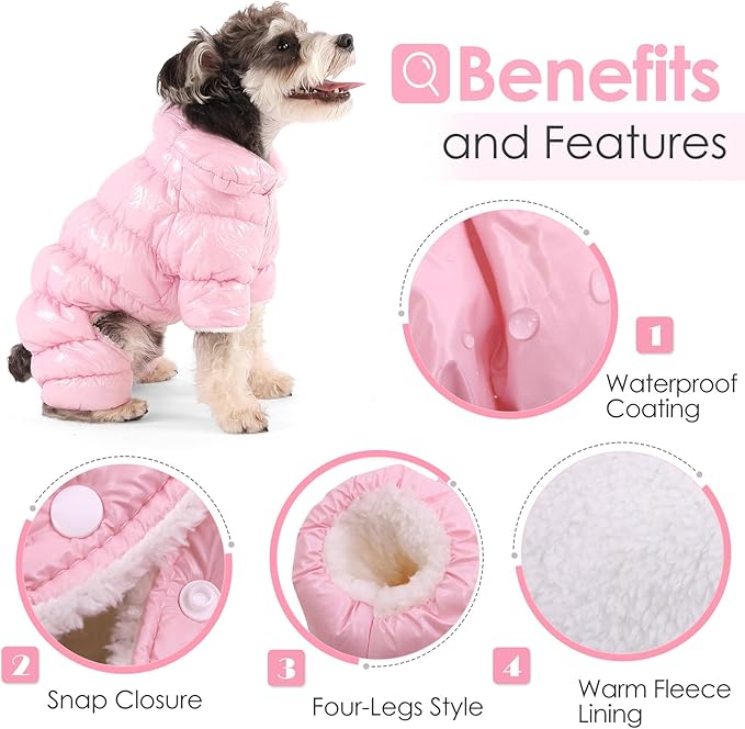AOFITEE Dog Coat, Waterproof Dog Jacket, Fullbody Dogs Winter Coat Snowsuit, Windproof Puppy Puffer Jacket Snow Suit with Legs, Pet Fleece Winter Vest, Cold Weather Coats for Small Dogs, Pink S