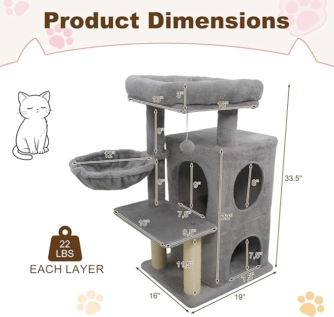 Tangkula Cat Tree Tower, 33.5 Inch Cute Cat Tower with 2-Tier Large Condo, Sisal Scratching Posts, Padded Top Perch, Dangling Toy, Rotatable Cozy Basket, Cat Climbing Furniture (Light Gray)