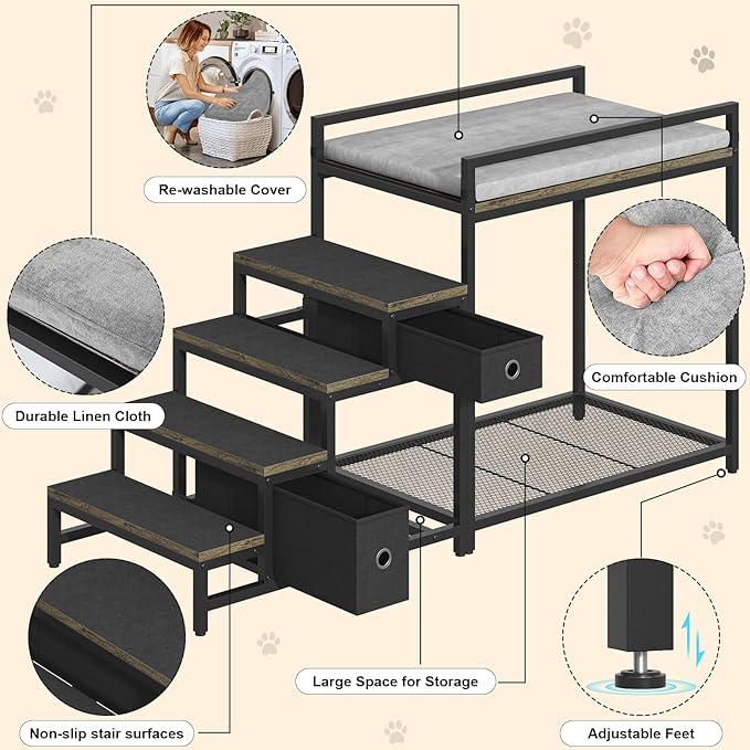 Pet Bunk Bed with Removable Stairs and 2 Drawers, Dogs/Cats Window Perch, Dog Window Seat with Soft Cushion, Ultra-Shallow Steps, Sturdy Metal Frame, Non-Slip, Load Capacity 60 LBS