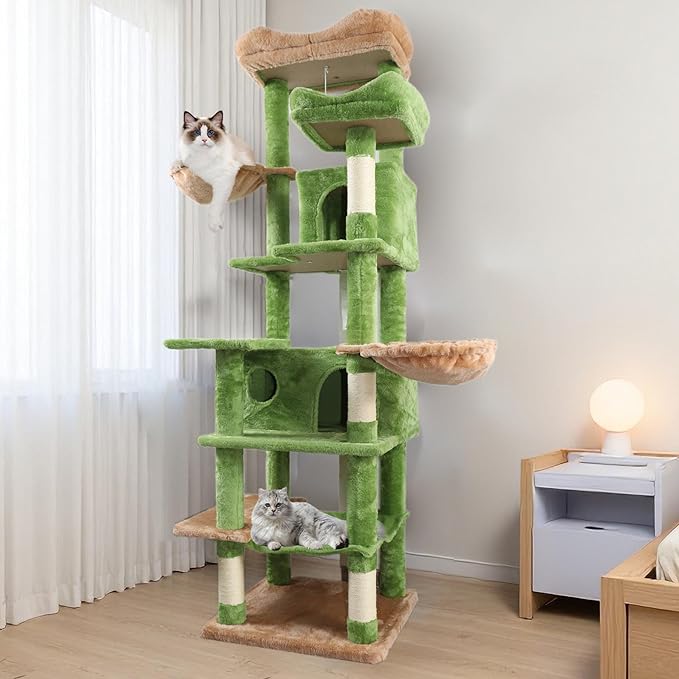 68" Green Cute Cat Tree for Indoor Cats Large Adult, Tall Cat Tower with Scratching Post & Condo, Hammock, Aesthetic Cats Stand, Modern, Easy Assembly (Green, 68" Tall)