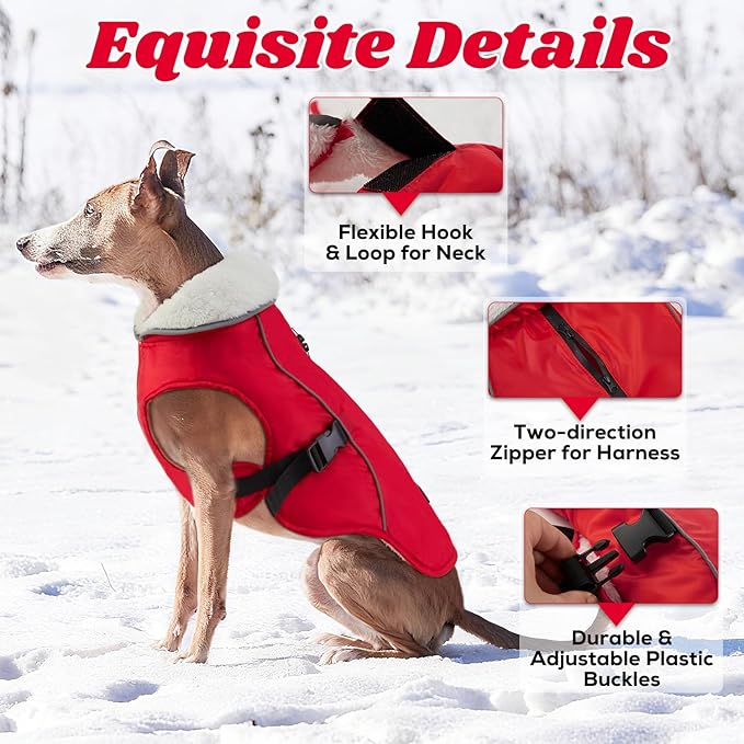 EMUST Dog Cold Weather Coats, Fleece Lining Small/Medium/Large Dog Jacket for Winter, Warm Waterproof Pet Winter Clothes for Large Dogs, Red, XL