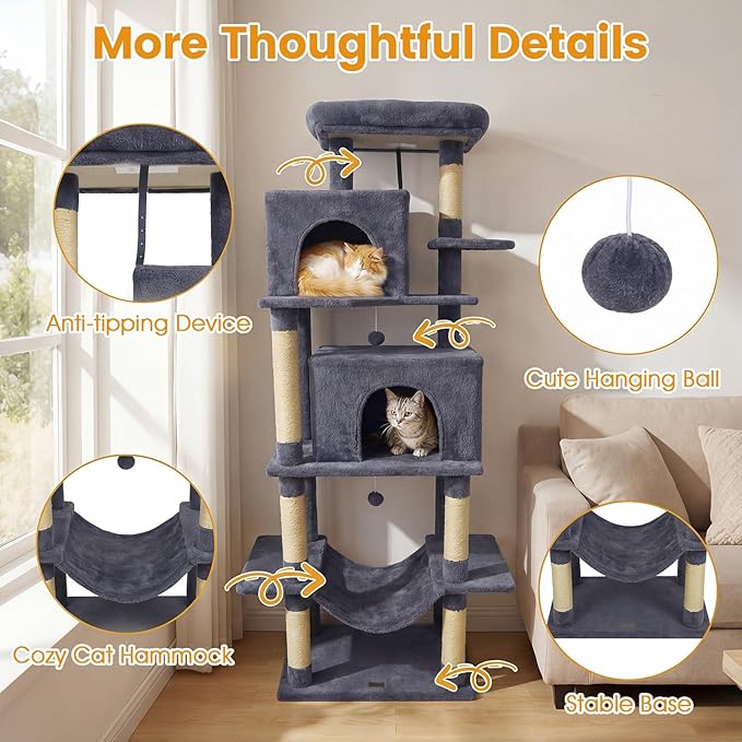 PETSITE 70-inch Tall Cat Tree, Modern Multi-Level Cat Tower with 2 Comfy Condos, Sisal Scratching Posts, Snug Hammock, and Dangling Ball, Ideal for Indoor Cats and Kittens (Dark Grey)