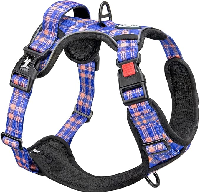 PoyPet No Pull Dog Harness, Reflective Adjustable No Choke Pet Vest with Front & Back 2 Leash Attachments, Soft Control Training Handle for Small Medium Large Dogs(Checkered Blue & Orange,XL)