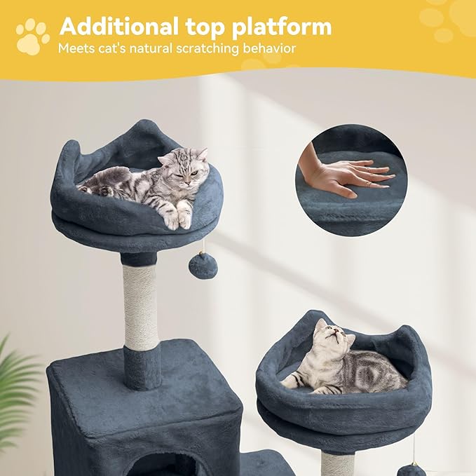 DWVO 75 in Multi-Level Cat Tower: Tall Cats Tree for Indoor Kittens, Pet Furniture with Kitty Condos, Top Perches, Sisal Ramp Scratching Posts, Cozy Basket, Hammocks, Dark Gray