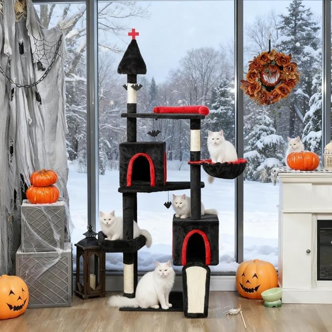 Premium Cat Tree Tower with Scratching Posts, Cozy Condos, and Hammock for Indoor Cats – Stylish Vertical Play Center (Black Multi + Cotton + Particle Board)