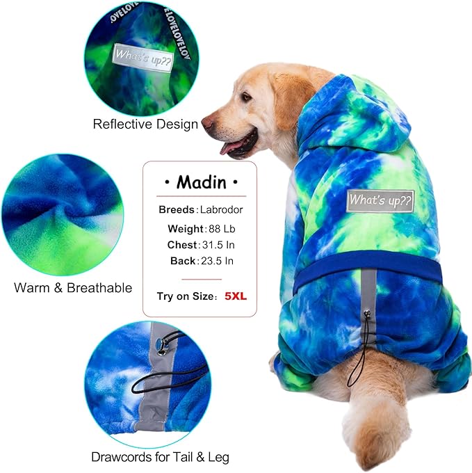 Dog Hoodies Winter Coat for Large Medium Dogs, Pullover 6 Legs Warm Coat Hooded Sweatshirt, Fleece Hoodie for Cold Weather (Bandhnu Green, 5X-Large)