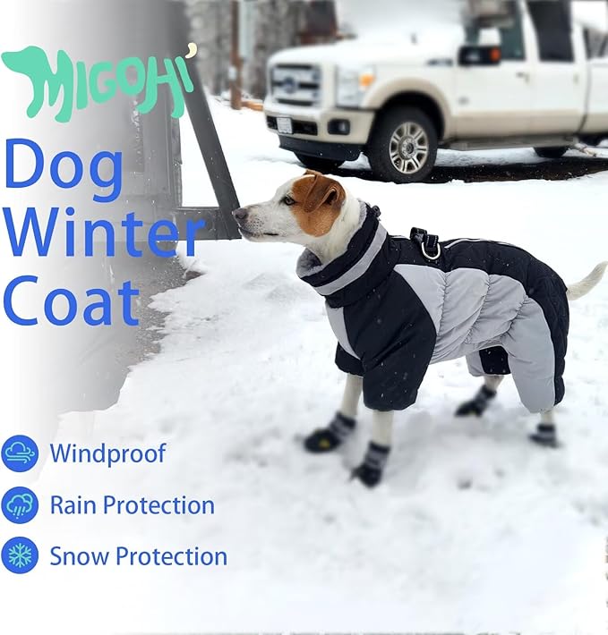 MIGOHI Full Body Dog Coat - Warm Reflective Large Dog Winter Coat with Harness,Turtleneck Fleece Jacket for Dogs,Four-Leg Windproof Puffer Jackets Snowsuit with Zipper for Small Medium Large Dogs,2XL