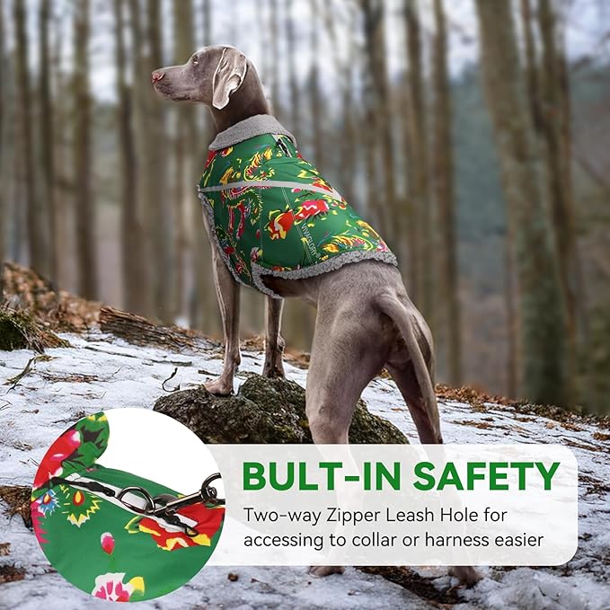 VIVAGLORY Snowrap Dog Coat, Jacket with Harness Hole, Dog Coat for Winter & Cold Weather, Fluffy Warm Fleece Lined Reflective Water Resistant for Puppy, L, Northeast Florals-Green