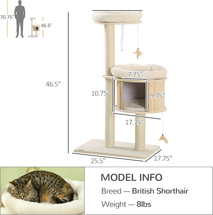 3-Level Cat Tree with Sisal Scratching Posts, Fun Cat Badminton Toy for Playing, Soft Cushions, & Play Areas