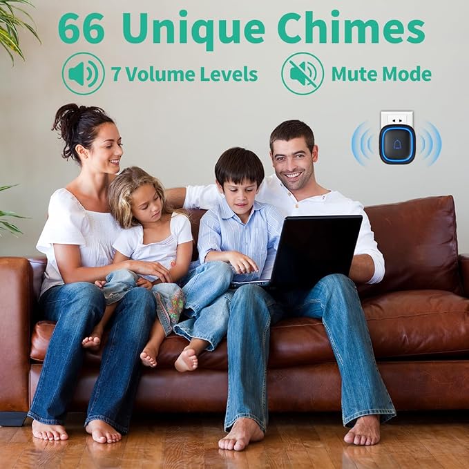 IP66 Doorbell Wireless Classroom Doorbell Waterproof & Dustproof with 66 Chimes Loud 115dB Door Bell Ringer 1000ft Range Electric Doorbells 7 Levels Volume Mute Mode for Bedroom Home Kids Room Office