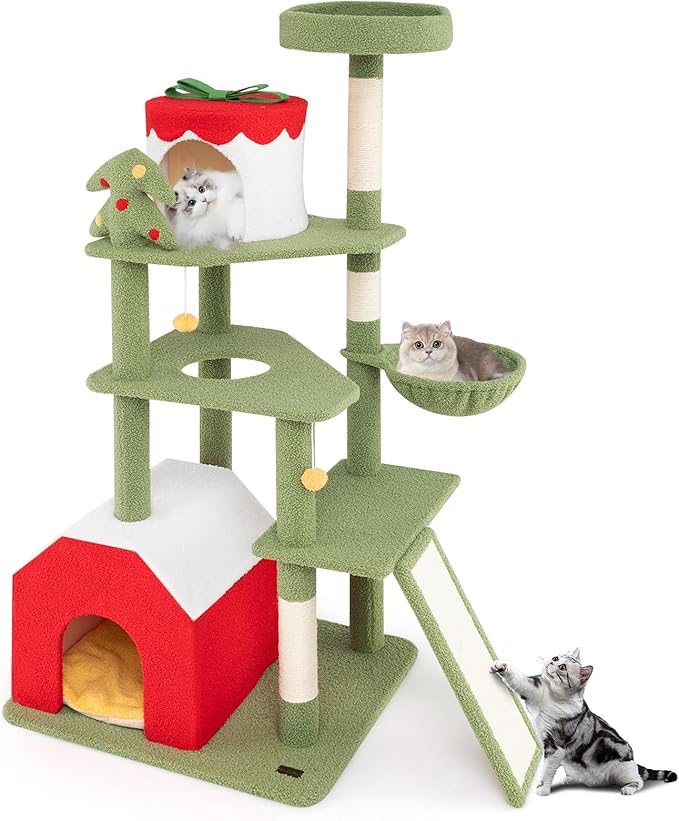 PETSITE 61 inch Cat Christmas Tree, Multi-Level Cat Tower with Sisal Scratching Posts, 2 Cat Condos, Basket Bed, Sisal Covered Ladder, Cute Cat Tree for Indoor Cats