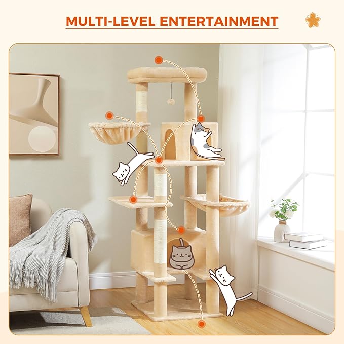 PEQULTI 66" Cat Tree for Indoor Cats, Tall Cat Tower for Large Cats with Scratching Post, Super Large Metal Hammock and 2 Big Condos, Beige