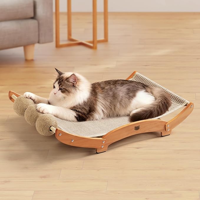 Extra-Larger Sisal Cat Scratcher Bed with Ball, 3-in-1 Cat Scratching Pad with Hammock, Natural Sisal with Solid Wood Frame Cat Scratch Post for Indoor Cats Lounger & Sleep & Scratch
