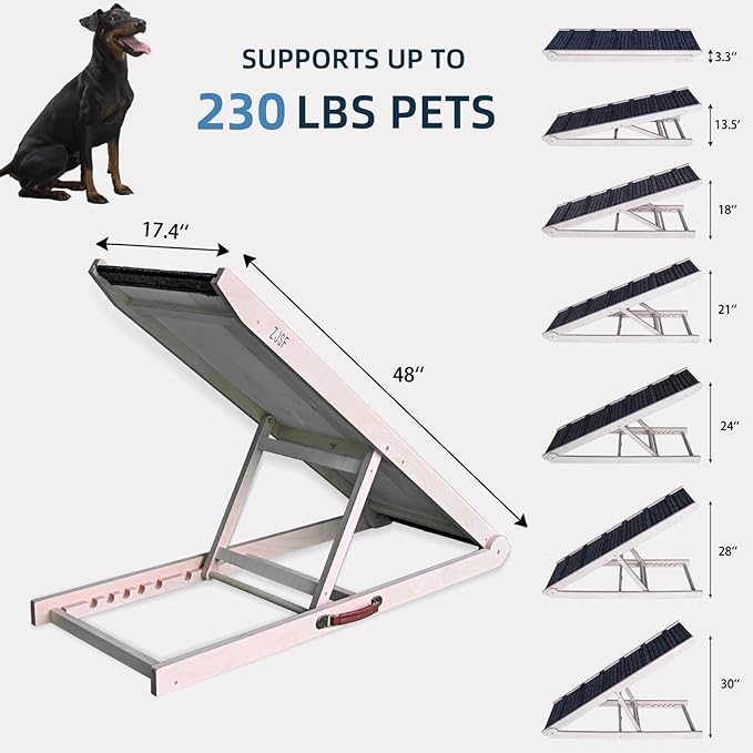 ZJSF Foldable Dog Ramp for High Bed, Wooden Dog Stairs to Bed for Small and Large Dogs, High Traction Platform with 6 Adjustable Heights (14"-30"), 48", Supports up to 230 lbs