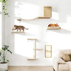 COZIWOW Cat Wall Shelves Set, 5-Piece Wall Mounted Cat Furniture with Cat Tree & Scratching Post, Floating Cat Perches for Indoor Cats（Beige）