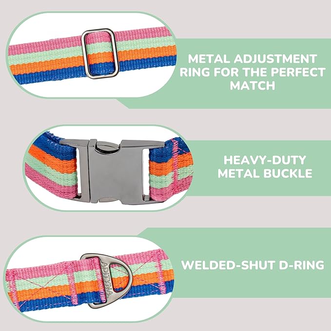 ADITYNA Cotton Dog Collar with AirTag Holder - Heavy-Duty Metal Buckle, Breathable, Easy Adjustable for Medium & Large Breeds - for Walking, Training (Bright Rainbow, Fits 15-21" Necks)